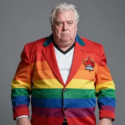 studio photo still of morbidly obese old don cherry, sad, fugly rainbow suit, hockey night in canada tv host, minimal complexity, by greg rutkowski, cushart krentz, artgerm, ross tran, conrad roset, 4 k, hd, hdr