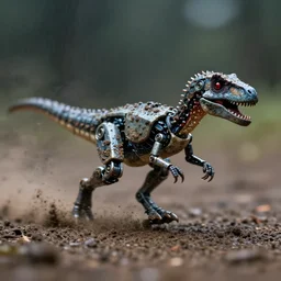 action photography, long shot, dark and rainy, award winning macro photo of an ultra detailed intricate tiny muddy robotic velociraptor running very fast on mud, dirt and dust, fast shutter speed, motion blur, tiny gaussian blur, highly detailed, highly intricate, depth of field, national geographic