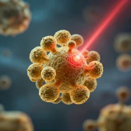 a ball of gold nanoparticles, illuminated by a red laser beam, the environment is living