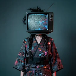 Portrait of a punk goth fashion fractal cosmonaut girl with a television head wearing kimono made of circuits and leds, surreal photography by Man Ray
