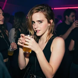 A photo of Emma Watson drunk partying in the nightclub. Cyberpunk lighting.
