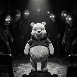 black and white photograph of [ [ [ [ [ [ [ [ [ [ [ [ glowing eyes ] ] ] ] ] ] ] ] ] ] ] ] [ [ winnie the pooh ] ] with standing creepily in the middle the room, creepy, dramatic lighting, 1 9 2 0