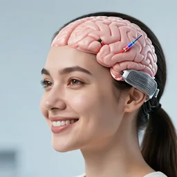 happy woman implanting the neuralink on her brain, photorealistc, hd, detailed