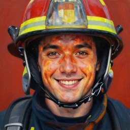 a hyper realistic painting of a young fire - man, all face covered with a fire, coherent symmetrical eyes, cunning smile, by jeffrey smith, by andrea kowch
