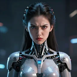 beautiful angry cybernetic goddess, symmetrical, cinematic, hyper realism, high detail, octane render, 8k