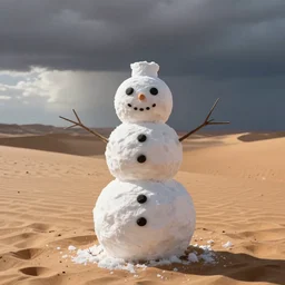 a snowman looking like mr. white. in the desert. dramatic photo