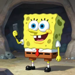 spongebob squarepants dressed as a merchanic holding a phone in a cave, in the movie rocky, highly detailed