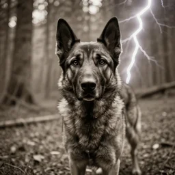 a close up, sepia, forest fotograph of a police dog with intense bright lightning, wide - angle lens, soft focus