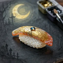 🍣🌙💎. gouache and gold paint, gothic horror, muted palette, backlighting, depth of field.