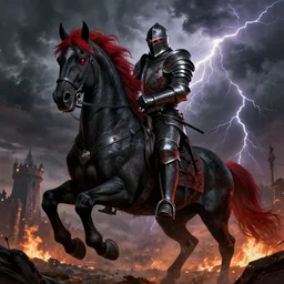 a angry knight in full plate of black armor, splattered with blood, riding a large black horse, with red glowing eyes, flowing red mane and tail, blackened clouds cover sky, crackling with lightning, a castle in distance burns, concept art by greg rutkowski, craig mullins, todd mcfarlane,