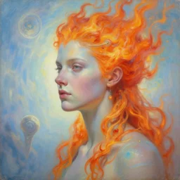 portrait oil painting, perfect expression, subconscious connects, purified consciousness, ringworld, single character, dieselpunk, flaming hair, ethereal, mass effect, artifacts, luminous skies, highly detailed, michael cheval, peter mohrbacher, boris vallejo, jessica rossier, oil painting, highly detailed,