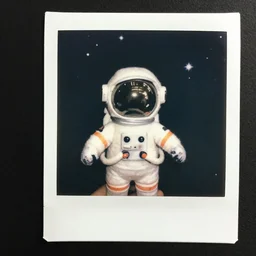 polaroid of a cute toy wool astronaut in real space
