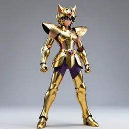 photorealistic full shot of Saint Seiya knight wearing golden and silver Cat armor as a anime girl, detailed, inspired by Masami Kurumada, unreal engine 4k, textured, volumetric light