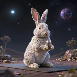 wise dmt old rabbit while playing yoga in dmt universe spaces, octane render, 8k, extremely detailed