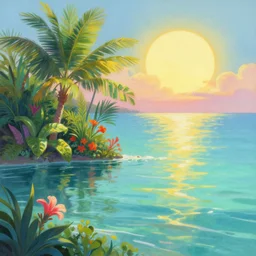 a painting of tropical plants and flowers over shallow water sea sun by lisa frank, behance, airbrush art, digital painting