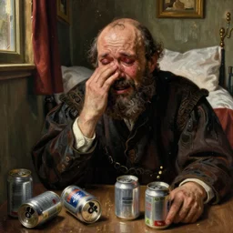 a middle aged balding man with a big beard and  bloodshot eyes in a tiny hotel room, crying, depressed, stressed, extremely drunk and surrounded by empty beer cans. Renaissance oil painting.