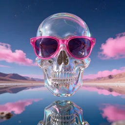 a giant clear glass skull with pink rimmed sunglasses, floating high above a mirrored glass smooth lake, distant luminescent pink clouds, sky full of stars aticama desert hyper realistic, coherent design, symmetrical, vivid color, complementary color, golden ratio, detailed, sharp lines, intricate, rainbowshift, in unreal 3 d engine, nvidia optix, ray tracing, octane render