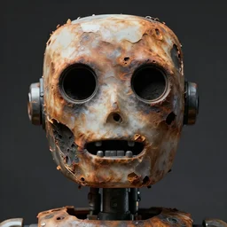 the face of a burnt robot, blank round eyes, open mouth, charred husk