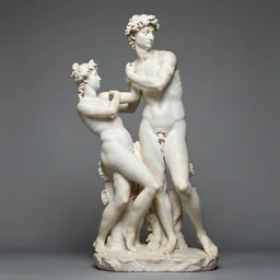 sculpture of venus chasing persephone made by michelangelo, carrara marble, gray background