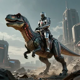 a cyber knight riding a cyborg raptor, 8k, film still, cinematic, futuristic, sci fi, retro