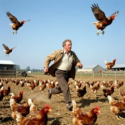 harris glenn milstead as divine, running chickens flying in a farm, harris glenn milstead as divine in the center of the image, kodachrome taken with contax g 1, vivid colours