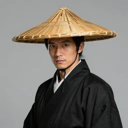 a portrait of a samurai wearing a bamboo rice hat and black robe by Greg Rutkowski, d&d character, black and red, white background, highly detailed portrait, digital painting, artstation, concept art, smooth, sharp focus illustration, Artstation HQ