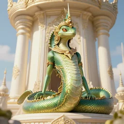 Beautiful reptilian naga princess with a diadem in an ivory tower, very detailed, trending on artstation, 4k