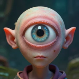 Portrait photo of an unbrushed cyclops without nose and with one giant eye, high quality photo, 85mm, focused fantasy, colorful, digital art