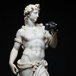 a photo of a white marble statue of the god saturn full of baroque details, black background, studio lighting, 90mm, f/2, nikon camera, intrincate and elegant