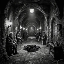black and white one point perspective hellscape dungeon cozy fantasy dungeon hallway view with pit in the middle of the ground by artgerm and Craig Mullins, James Jean, Andrey Ryabovichev, Mark Simonetti and Peter Morbacher 16k