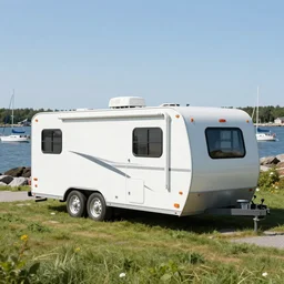 big rv trailer on the grass by the harbor in maine, rocky coast, sailboats in the water, tiny village, white background, digital cartoon painting art, 4 colors!!! trending on artstation