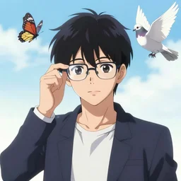 glass - wearing man question if a butterfly is a pigeon, anime style