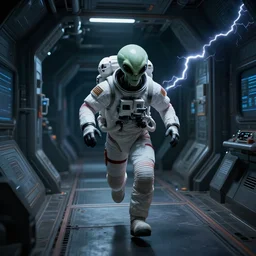 alien running behind an astronaut in a space station corridor, alien! alien isolation, horror, highly detailed, 4 k, game screenshot, dark, white lightning