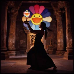 lomography, full body portrait photo of women like reol from a distance as a priestess holding a divine ritual in a ancient temple interior, moody, realistic, strong silhouette, dynamic perspective pose, dark, skin tinted a warm tone, hdr, rounded eyes, detailed facial features, colorful, vivid, takashi murakami