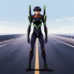 anime illustration of lonely ikari shinji standing menacingly on an empty highway wearing a black plugsuit at dawn, black evangelion eva - 0 1 standing behind shinji copying his pose, cinematic lighting, evangelion anime poster, rebuild of evangelion 1 0 8 0 p, 9 0 s anime aesthetic, volumetric lights, rule of thirds, unreal engine render, pinterest wallpaper, trending on artstation