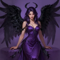 female fallen angel, elegant silk dress, black feathers, d & d, fantasy, intricate, friendly, candid, highly detailed, purple color scheme digital painting, artstation, concept art, matte, sharp focus, illustration, hearthstone, art by artgerm and greg rutkowski and alphonse mucha