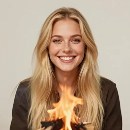 photo of hillbilly smiling with long blonde hair around a bonfire, symmetric face