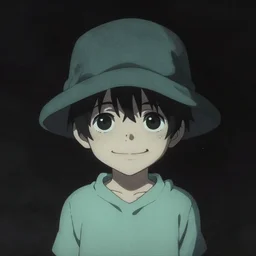 creepy japanese kid with hat smiling in the void