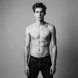 professional black and white studio photo of a (skinny) man standing in front of a wall