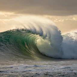 4 0 meter monster wave about to crash, green waters, storm, backlit, sunset, dramatic ligthting, atmospheric, looking up,