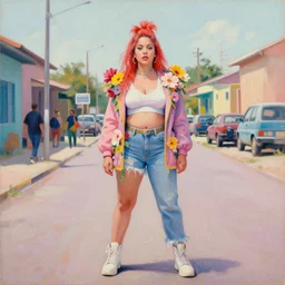 still from music video of barbara palvin from die antwoord standing in a township street, wearing street fashion clothing and flowers, haute couture, full figure portrait painting by martine johanna, ilya kuvshinov, rossdraws, pastel color palette, maximalism