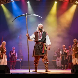 concept art, festival on a stage, man with scythe, traditional romanian clothing, dramatic lighting, beautiful, volumetric lighting, colorful, octane render