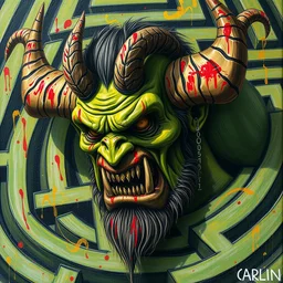 an orc with many horns covered in a maze of paint