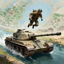 a soldier jumping on a tank in noshahr canals map in battlefield 3, amazing detail, fan art, digital illustration