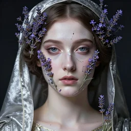 hyperrealism close - up mythological portrait of a exquisite medieval woman's shattered face partially made of lavender flowers in style of art deco, wearing silver silk robe, dark palette