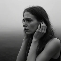 award winning photo of some regret as antonioni would depict it, she is 2 3, skinny and beautiful and listens to oathbreaker, she is full of hatred, photo, black and white, the background is unsafe, insanely detailed, closeup, romantic and ethereal, photo taken at dawn, foggy like in norwegian black metal aesthetic