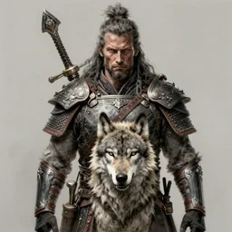 Portrait of a warrior with his wolf, intricate, wild, highly detailed, digital painting, artstation, concept art, 8k, smooth, sharp focus, illustration, art by artgerm and greg rutkowski and alphonse mucha