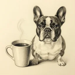coffe cup and french bulldog, pencil drawing
