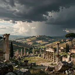 Ancient Rome in a Roman valley, dramatic sky, digital art, 4k, 8k, trending on ArtStation