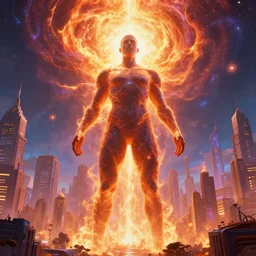 massive large human figure in center of psychdelic city blaze of glory supernova dreamworld in the underworld, surrealist and abstract digital art trending on artstation by artist Rob Gonsalves and Mark Riddick supreme peace immense knowledge black neon yellow bright blue electric lime gold dmt art